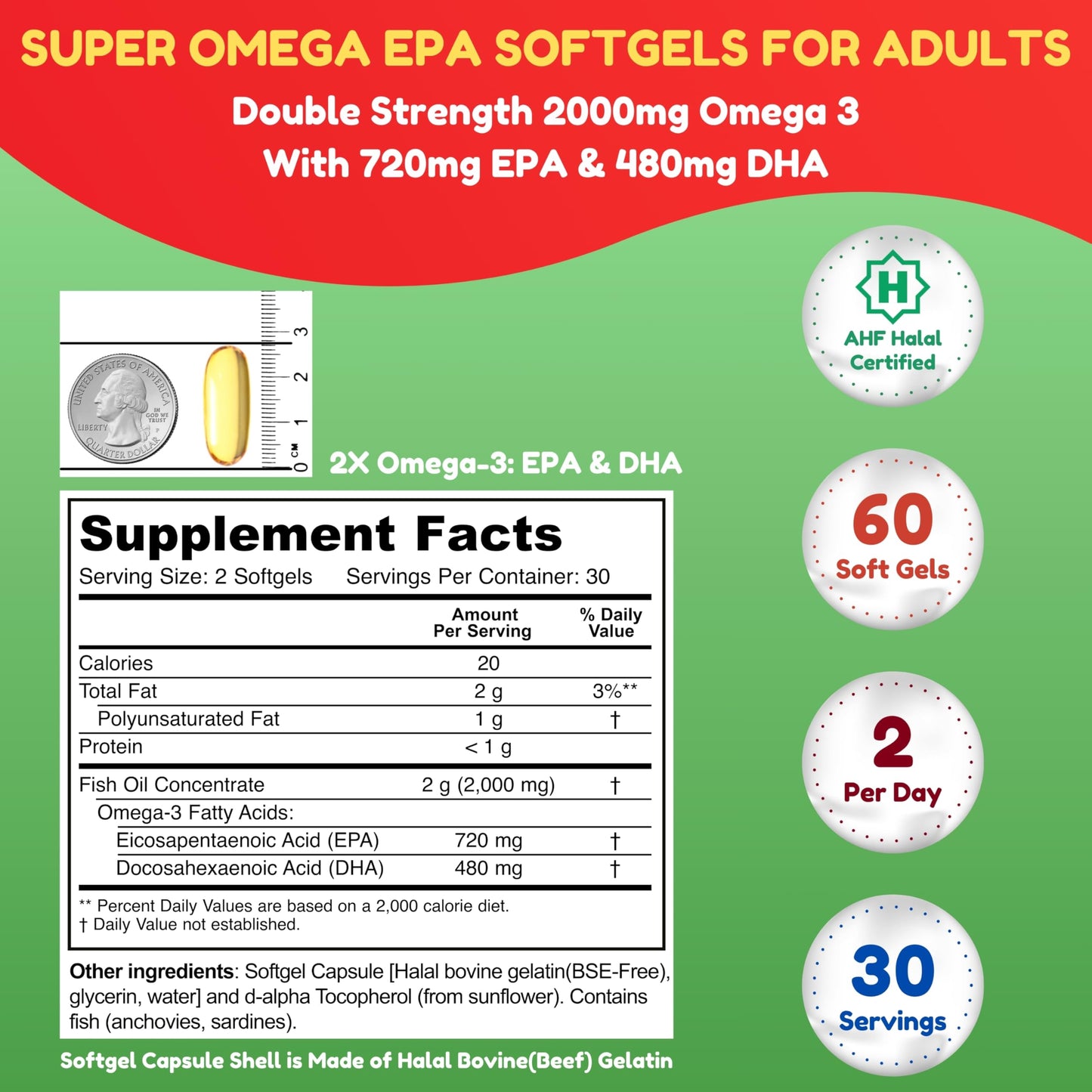 SHIFAA NUTRITION Halal Fish Oil Softgels – 60 Count, Double Strength Omega-3