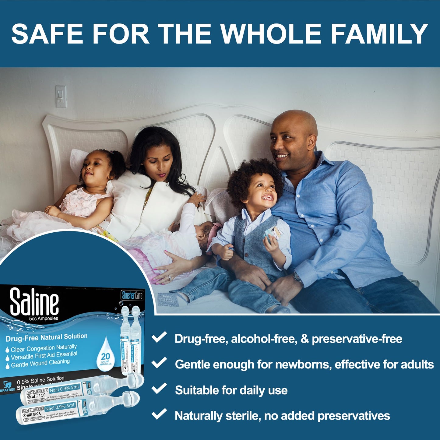 Shusher Care Saline Ampoules 0.9% – 20 × 5ml for Nasal Care, Nebulizer & Wound Cleansing