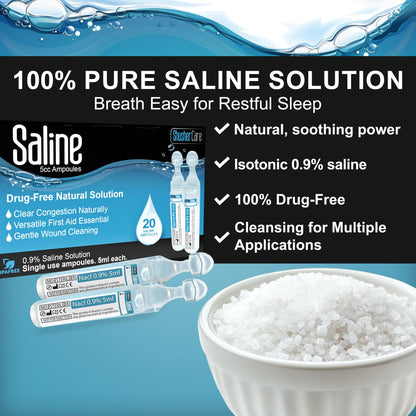Shusher Care Saline Ampoules 0.9% – 20 × 5ml for Nasal Care, Nebulizer & Wound Cleansing
