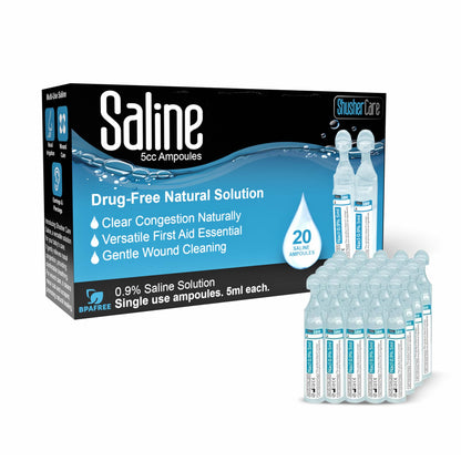 Shusher Care Saline Ampoules 0.9% – 20 × 5ml for Nasal Care, Nebulizer & Wound Cleansing