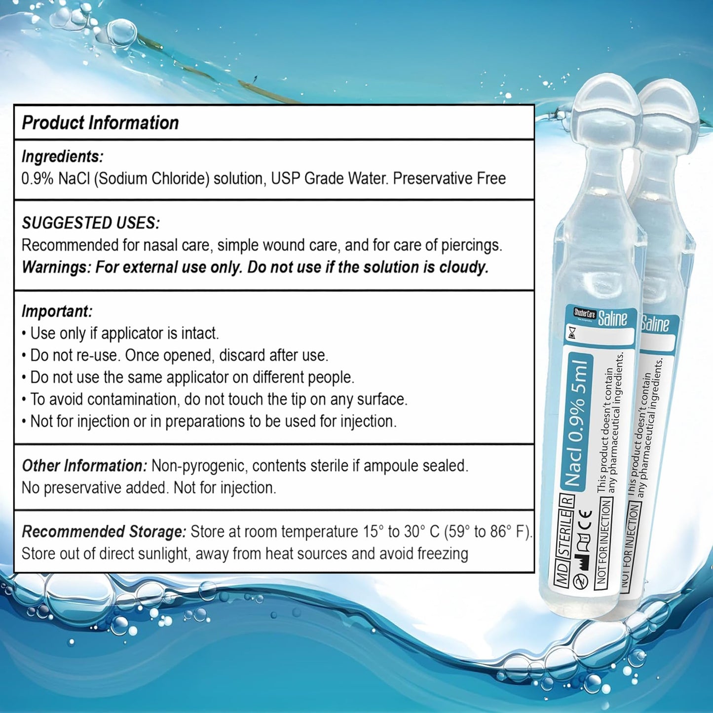 Shusher Care Saline Ampoules 0.9% – 20 × 5ml for Nasal Care, Nebulizer & Wound Cleansing
