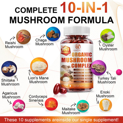 SIGNILIFE 10 in 1 Lion's Mane Mushroom Supplement – Memory & Focus – 150 Softgels