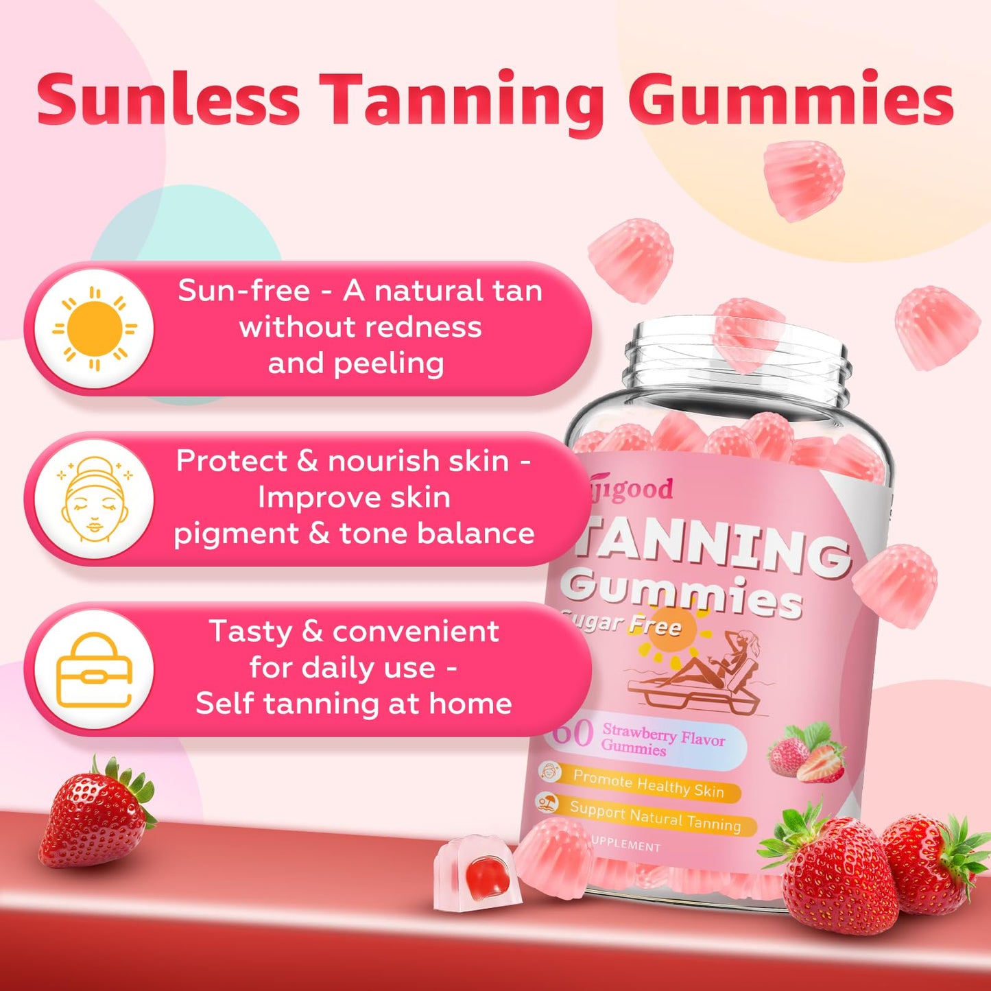 SijiGood Tanning Gummies - Sugar Free Self Tanning for Women & Men, Strawberry Flavor (60 Count)