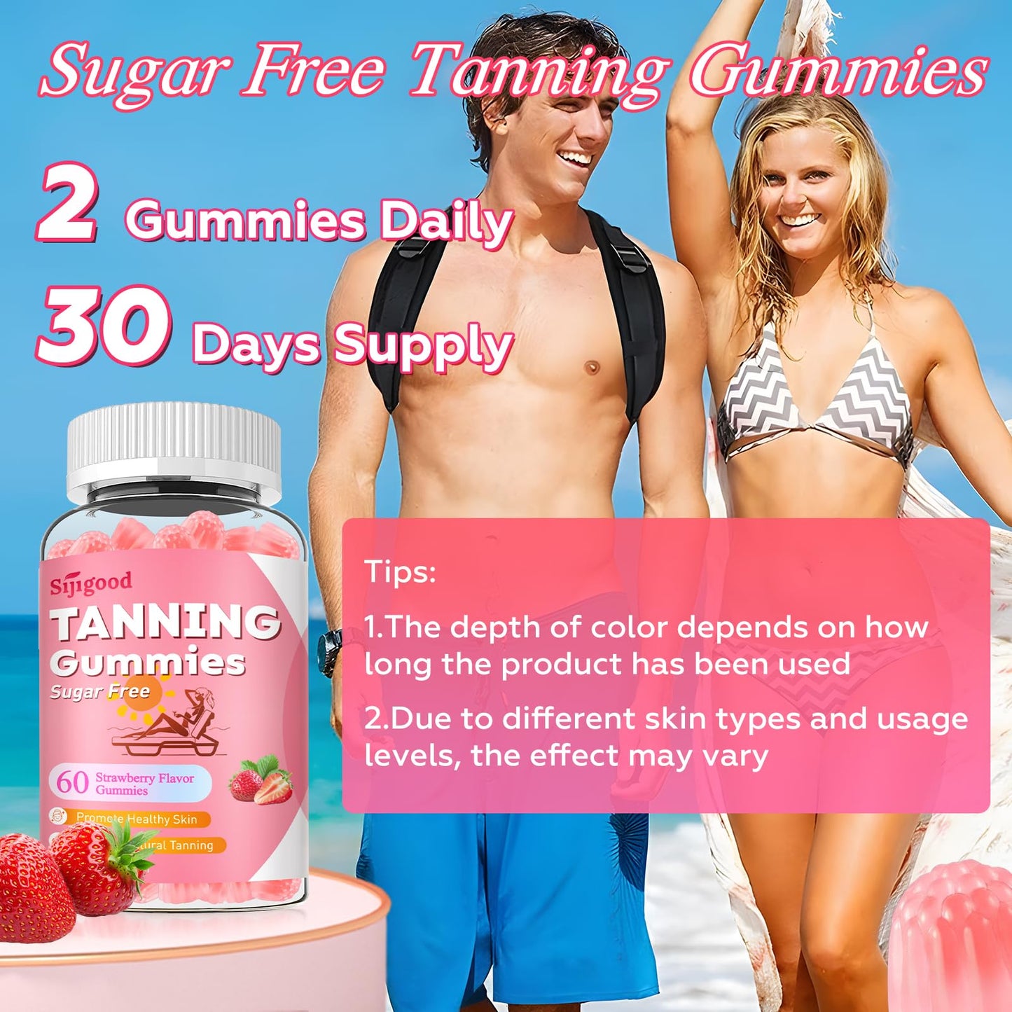 SijiGood Tanning Gummies - Sugar Free Self Tanning for Women & Men, Strawberry Flavor (60 Count)