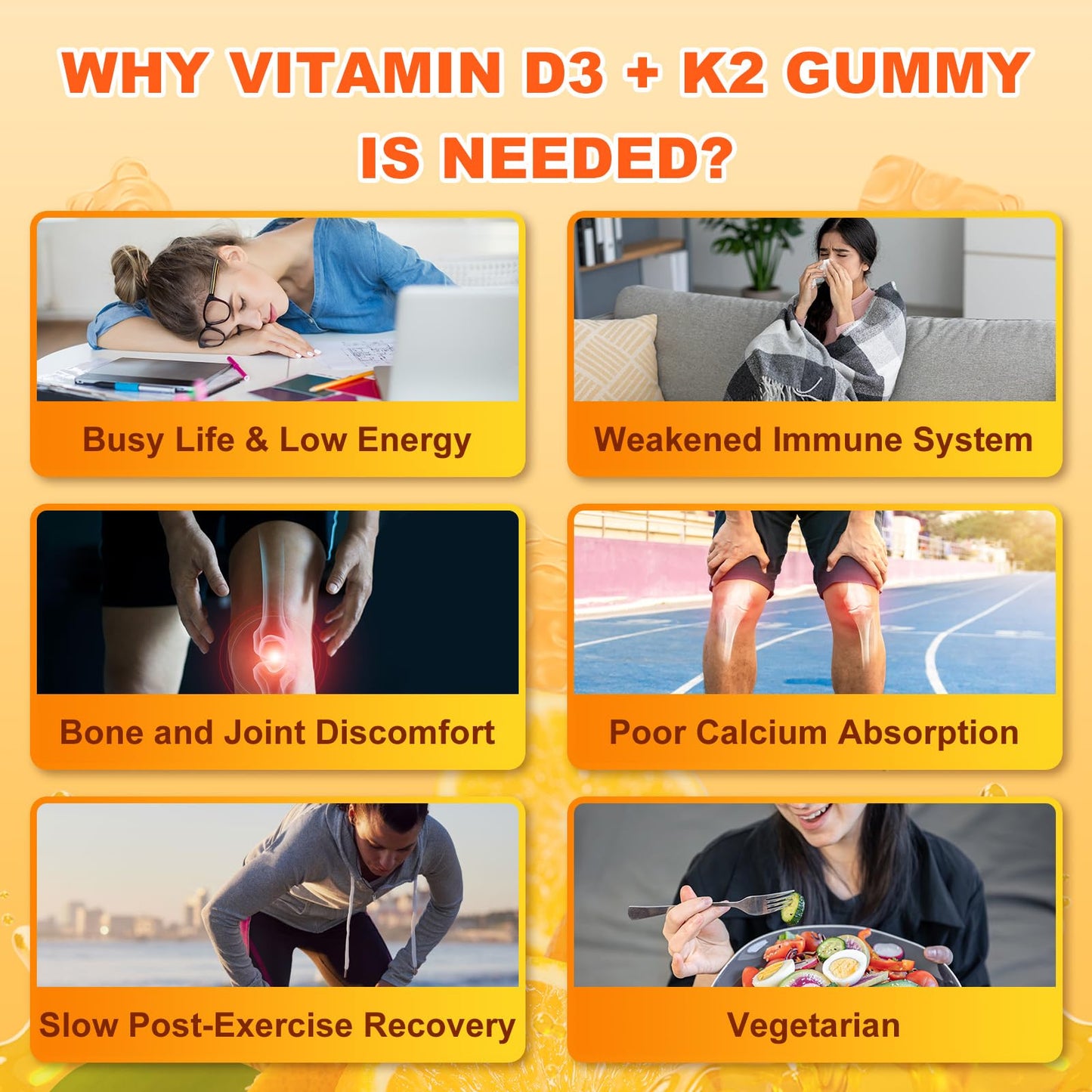Sijigood Vitamin D3 K2 Gummies – 10000IU D3, 200mcg K2, 6-in-1 (60 Count)