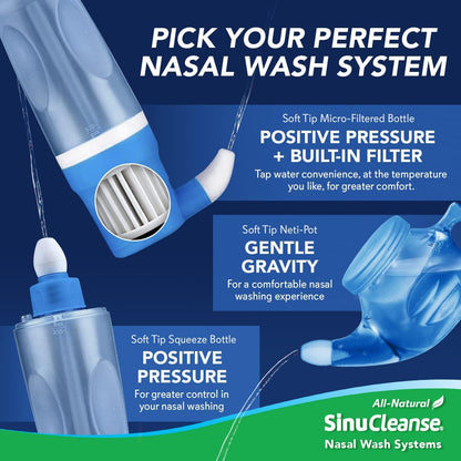 SinuCleanse Soft Tip Neti Pot Nasal Wash System – All-Natural Saline Packets, Made in USA