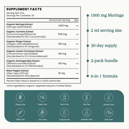 (2 Pack) Organic Moringa Leaf Extract Liquid Drops 1000mg with Turmeric & Black Pepper – Energy, Antioxidant & Skin Support | Vegan, 1 fl oz