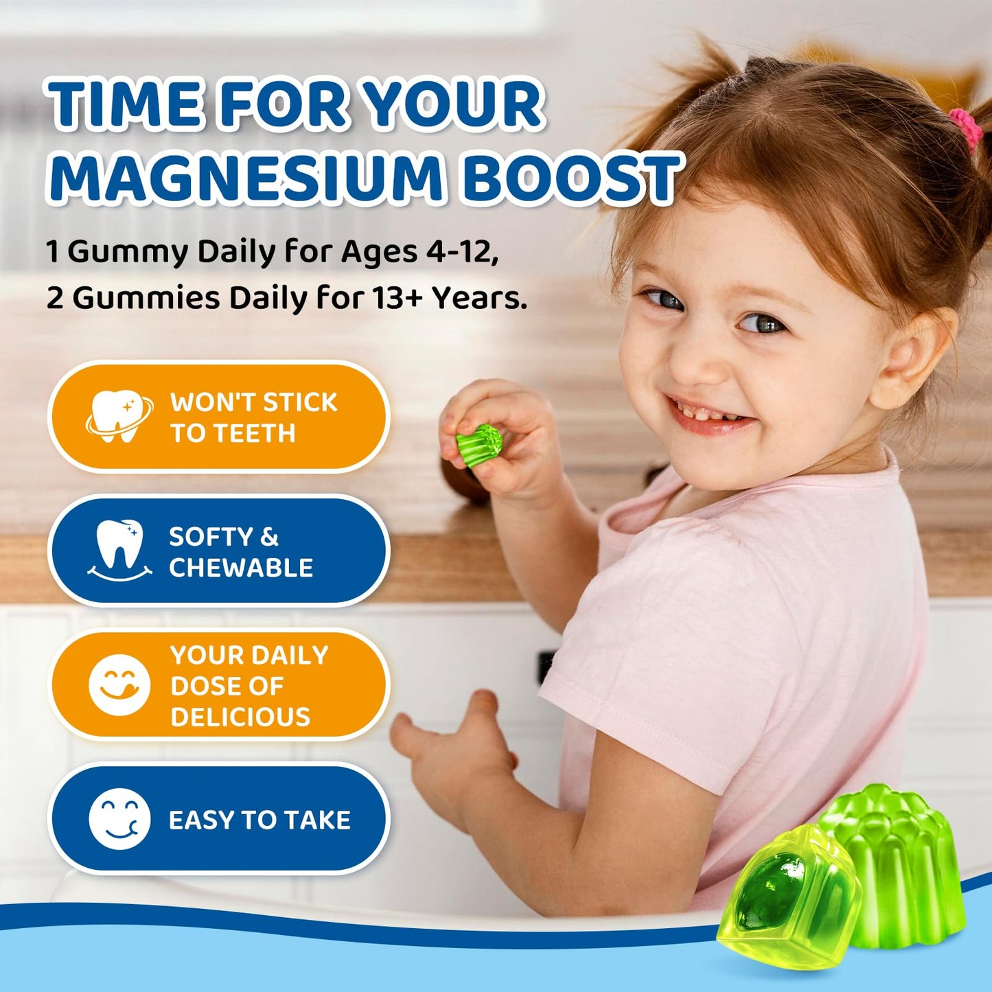 Center-Filled Magnesium Gummies for Kids 300MG - Magnesium Glycinate Gummies with L-theanine, Omega-3, Vitamin B6, D for Kids & Adults, Sleep, Calm & Muscle Relaxation - Apple & Kiwi
