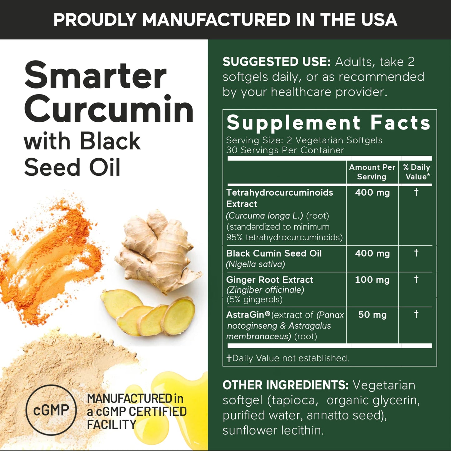 SMARTERNUTRITION Curcumin Softgels – Vegan High Absorption 400 mg with AstraGin, Black Seed Oil & Ginger | 180 Ct
