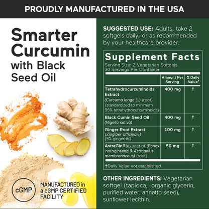 SMARTERNUTRITION Curcumin Softgels – Vegan High Absorption 400 mg with AstraGin, Black Seed Oil & Ginger | 180 Ct