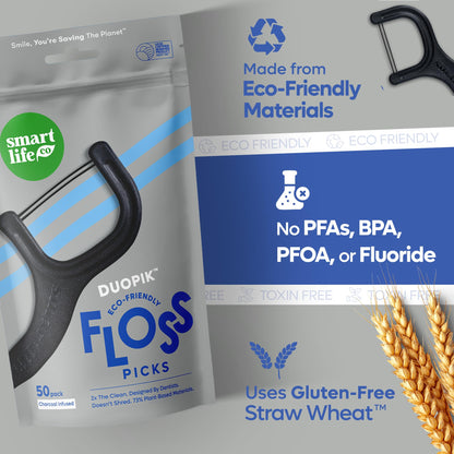 SmartLifeco Eco-Friendly Dual-Thread Dental Floss Picks (200ct) - Straw Wheat Blend & Activated Bamboo Charcoal