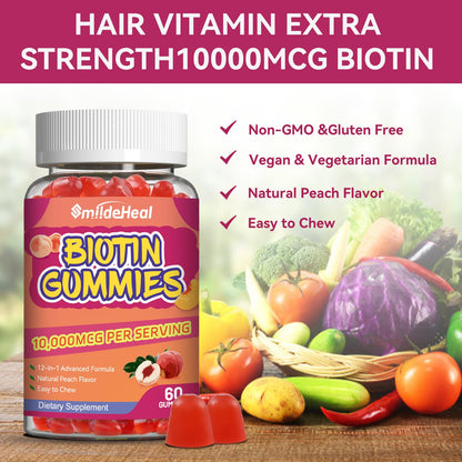 SmildeHeal Biotin Gummies 10,000 mcg – Hair Growth, Vegan, 120 Gummies