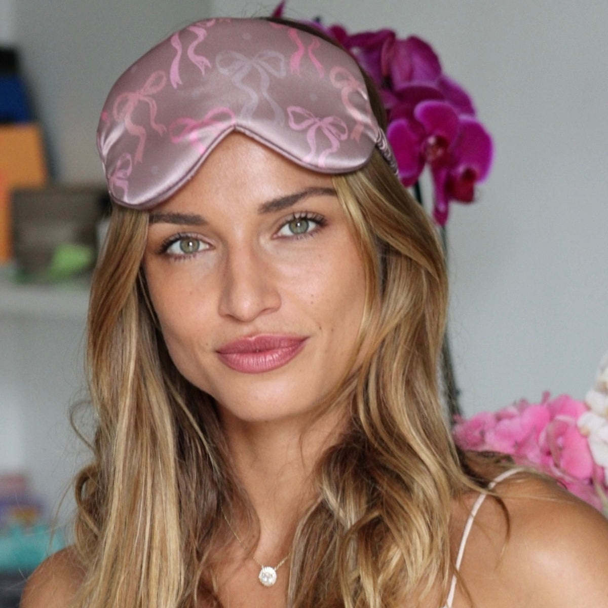 Cloud Padded Satin Sleep Mask - Mocha Bows Print