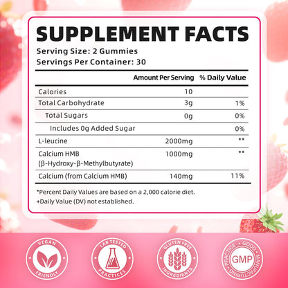 SoftBear HMB & Leucine Gummies – 3000mg HMB + Leucine for Muscle Growth & Recovery, Vegan, Gluten-Free, Non-GMO, Strawberry, 60 Count