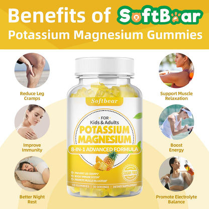 Softbear Potassium Gummies for Adults | Sugar-Free Potassium Magnesium with Vitamin B6 CoQ10 (Pineapple, 60 Gummies)