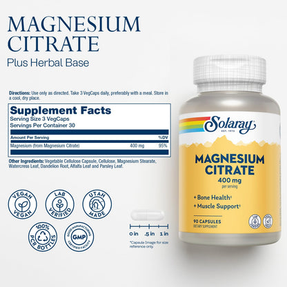 SOLARAY Magnesium Citrate 400mg | Enhanced Absorption, Vegan & Gluten Free