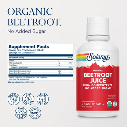 Solaray Organic Beetroot Juice from Concentrate | Supports Healthy Energy, Heart & Brain Function | 16 fl oz, 16 Servings