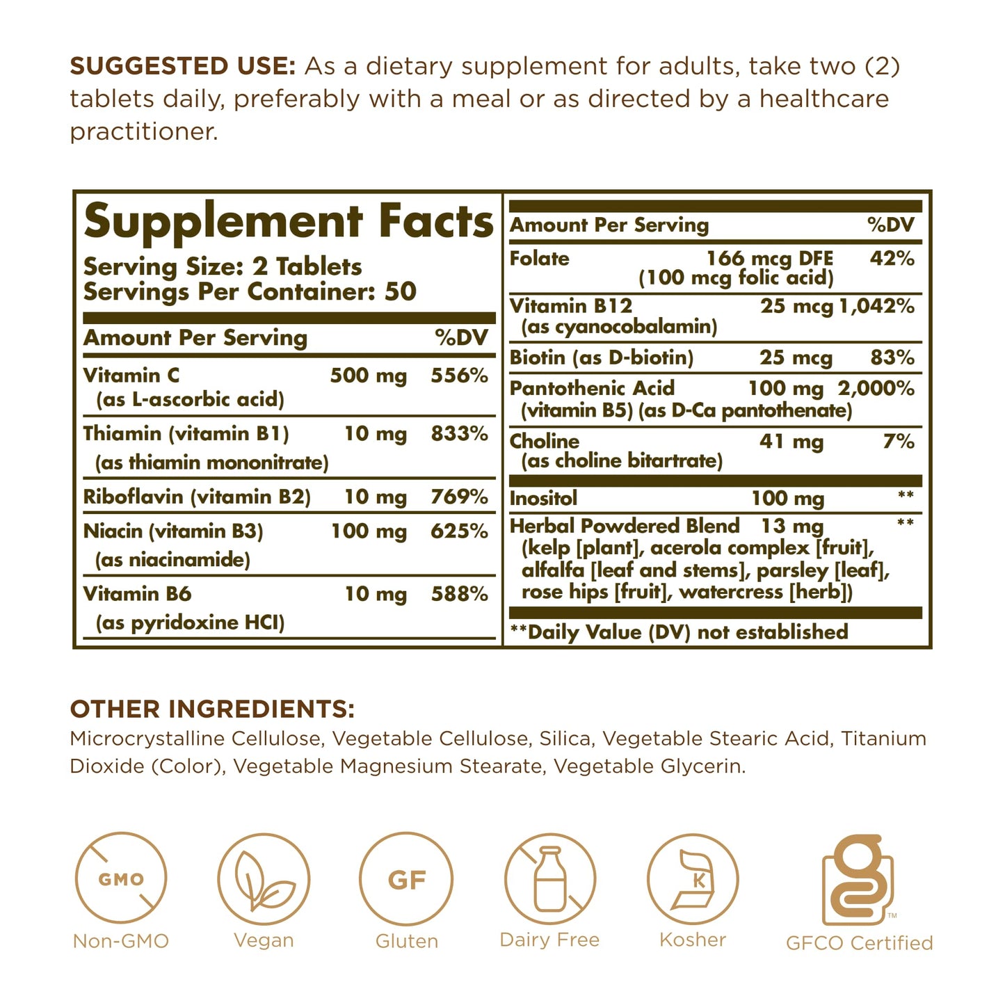 Solgar B-Complex with Vitamin C - 100 Tablets (Pack of 2) | Non-GMO, Vegan, Kosher & Gluten Free