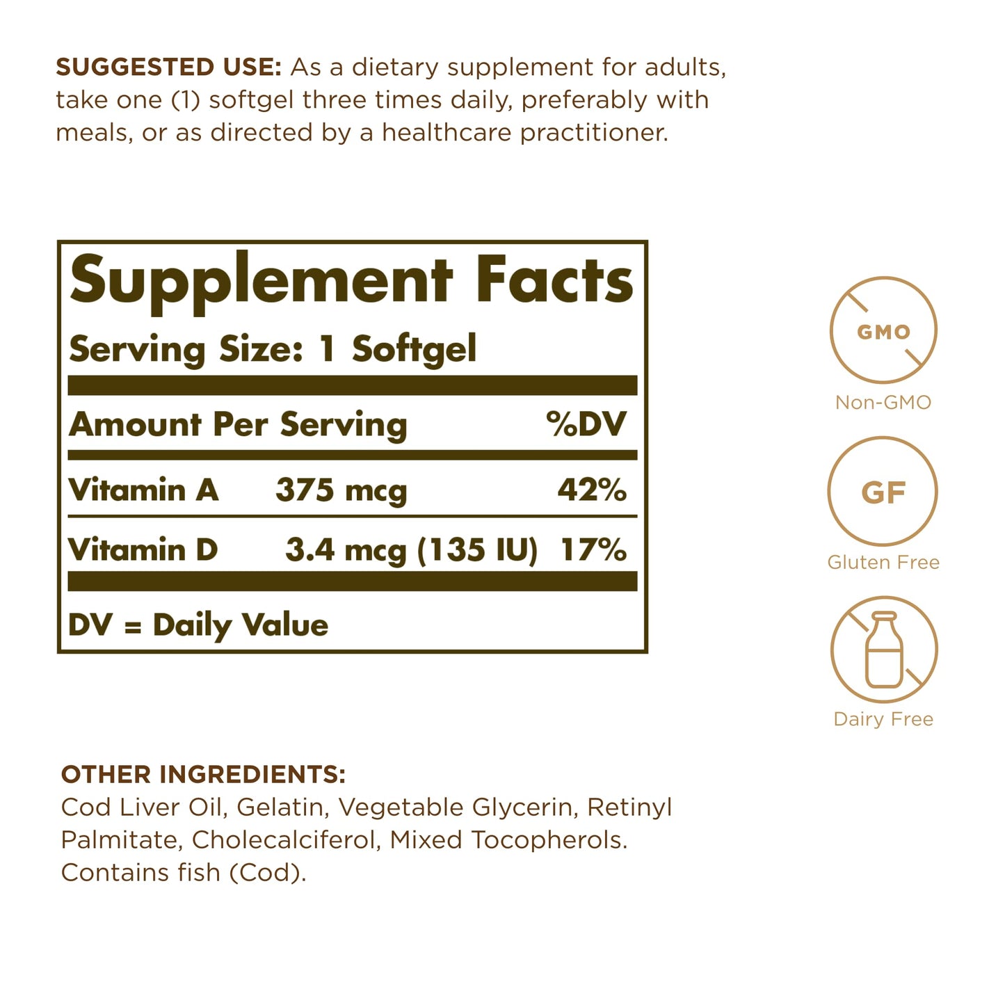 Solgar Cod Liver Oil - 100 Softgels (2-Pack) | Vitamins A & D | Non-GMO Gluten Free