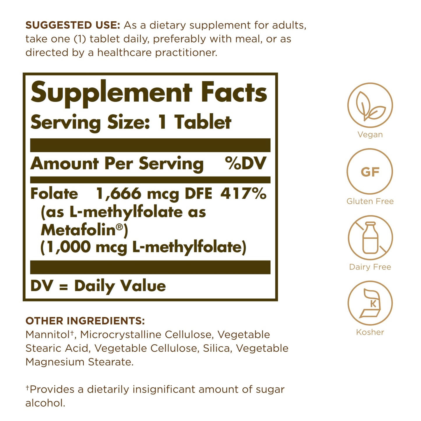 Solgar Folate 1000 mcg Metafolin – 60 Tablets – Vegan, Gluten Free, Dairy Free, Kosher – 60 Servings