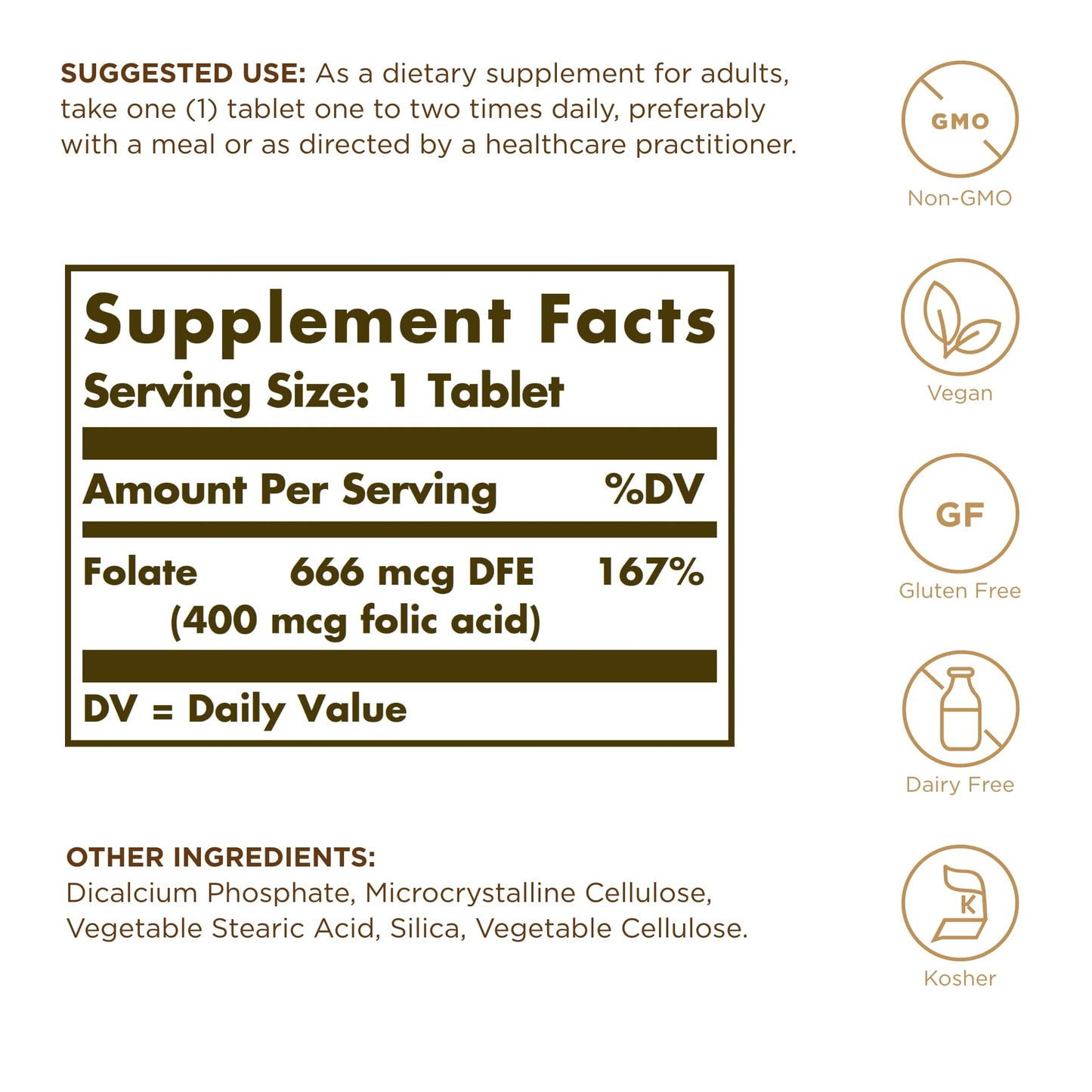 Solgar Folate 666 mcg DFE (Folic Acid 400 mcg) – 250 Tablets | Prenatal Support | Non-GMO, Vegan, Gluten Free, Dairy Free, Kosher