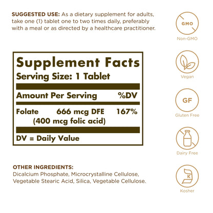 Solgar Folate 666 mcg DFE (Folic Acid 400 mcg) – 250 Tablets | Prenatal Support | Non-GMO, Vegan, Gluten Free, Dairy Free, Kosher