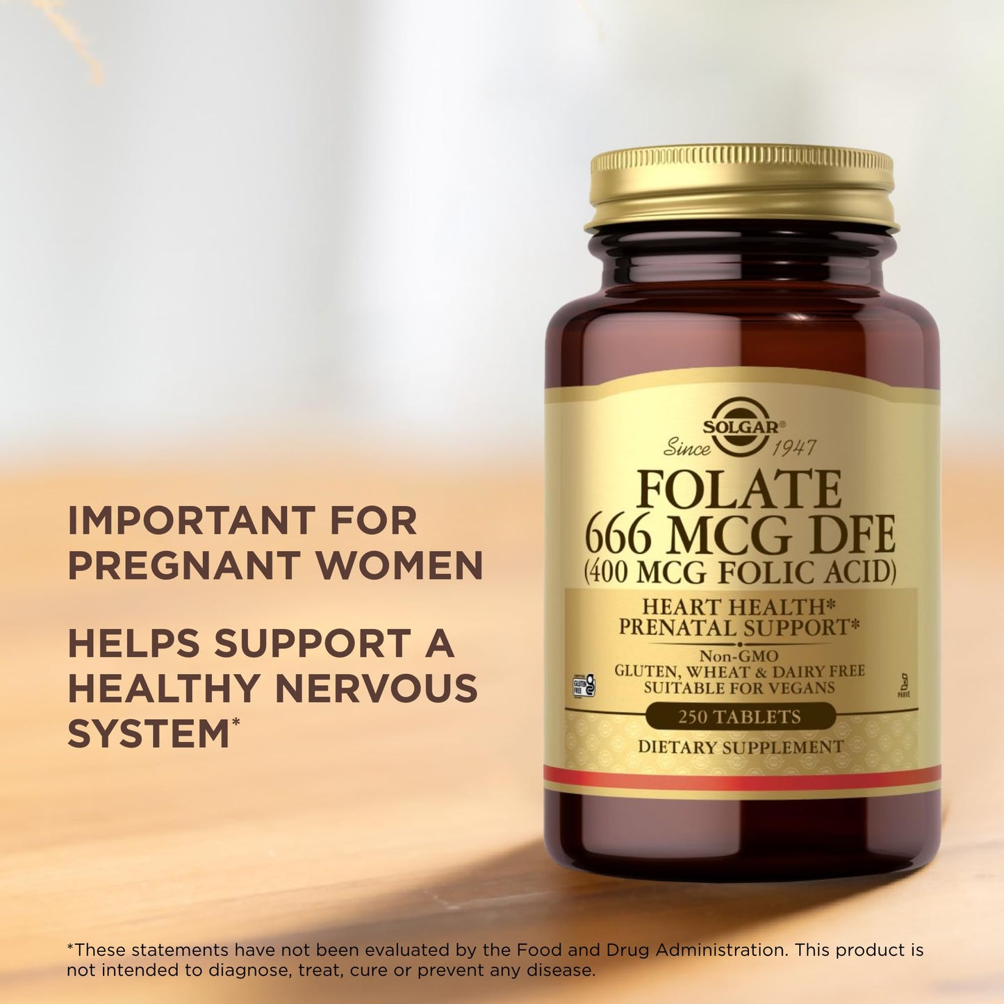 Solgar Folate 666 mcg DFE (Folic Acid 400 mcg) – 250 Tablets | Prenatal Support | Non-GMO, Vegan, Gluten Free, Dairy Free, Kosher