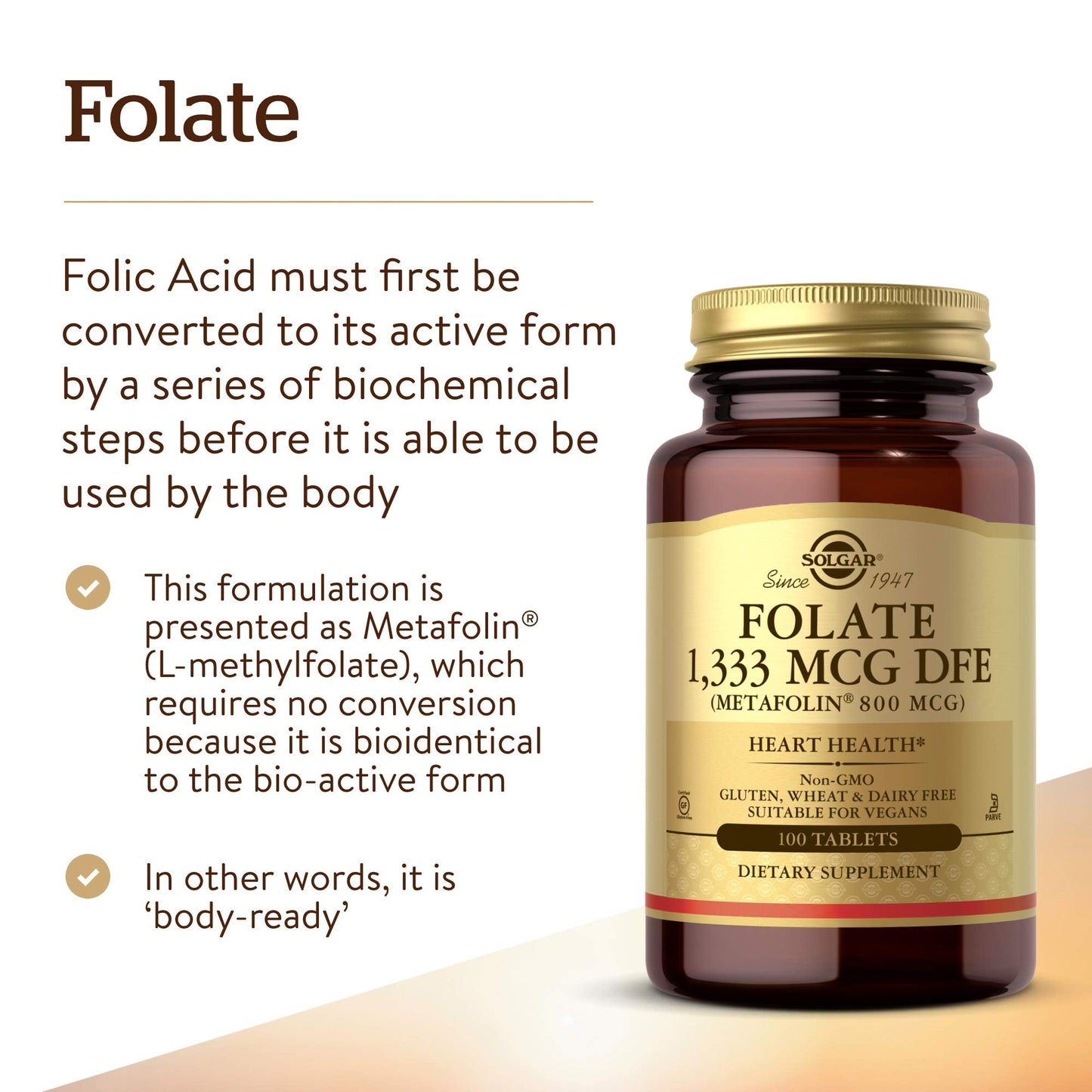 Solgar Folate 1,333 mcg DFE – 100 Tablets | 800 mcg Bio-Active Metafolin – Heart Health, Vegan, Non-GMO, Gluten Free, Kosher
