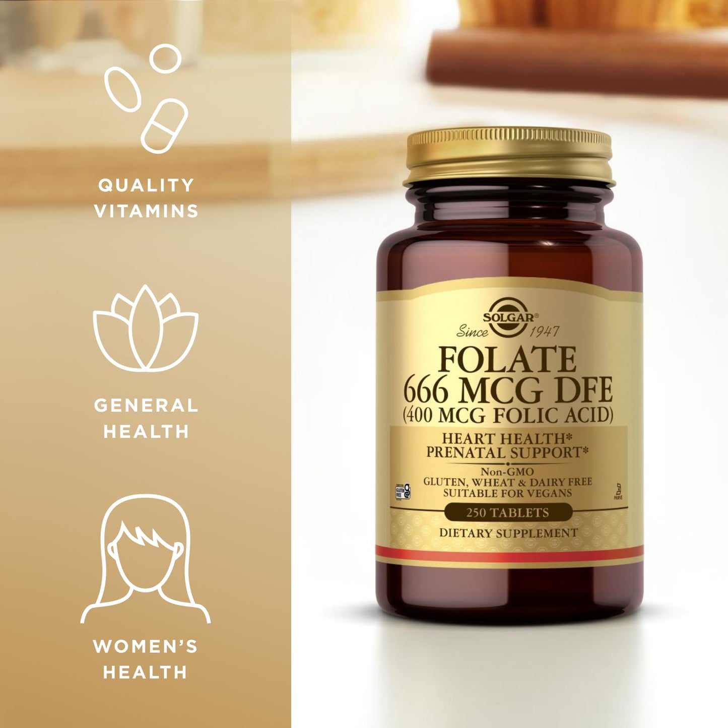 Solgar Folate 666 mcg DFE (Folic Acid 400 mcg) – 250 Tablets – Prenatal Support | Non-GMO, Vegan