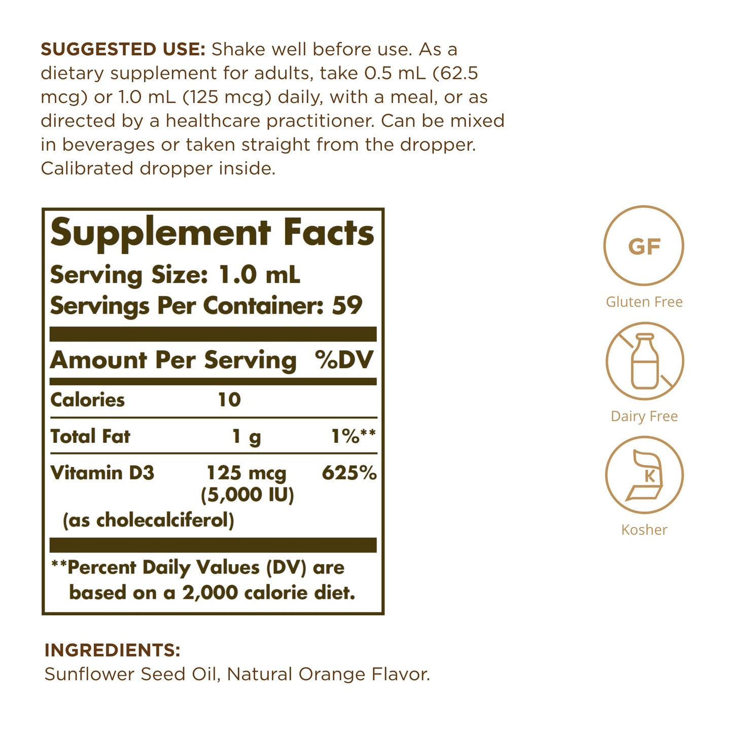 Solgar Liquid Vitamin D3 125 mcg (5,000 IU) - 2 fl oz - Delicious, Natural Orange Flavor - Helps Maintain Healthy Bones & Teeth - Immune System Support - Gluten Free, Dairy Free, Kosher - 59 Servings