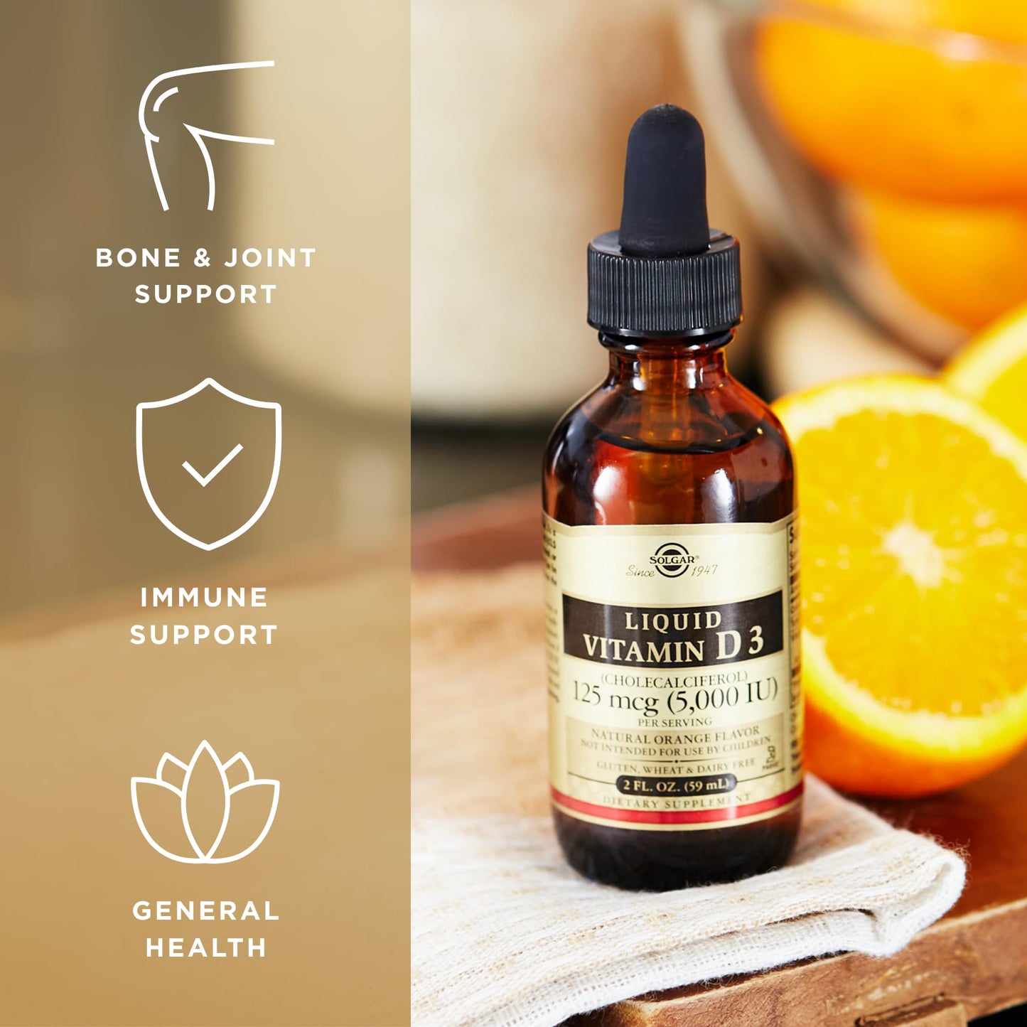 Solgar Liquid Vitamin D3 125 mcg (5,000 IU) - 2 fl oz - Delicious, Natural Orange Flavor - Helps Maintain Healthy Bones & Teeth - Immune System Support - Gluten Free, Dairy Free, Kosher - 59 Servings