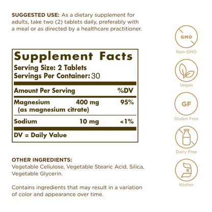 Solgar Magnesium Citrate 60 Tablets – Highly Absorbable, Supports Nerve, Muscle & Bone Health | Non-GMO, Vegan, Gluten Free, Kosher