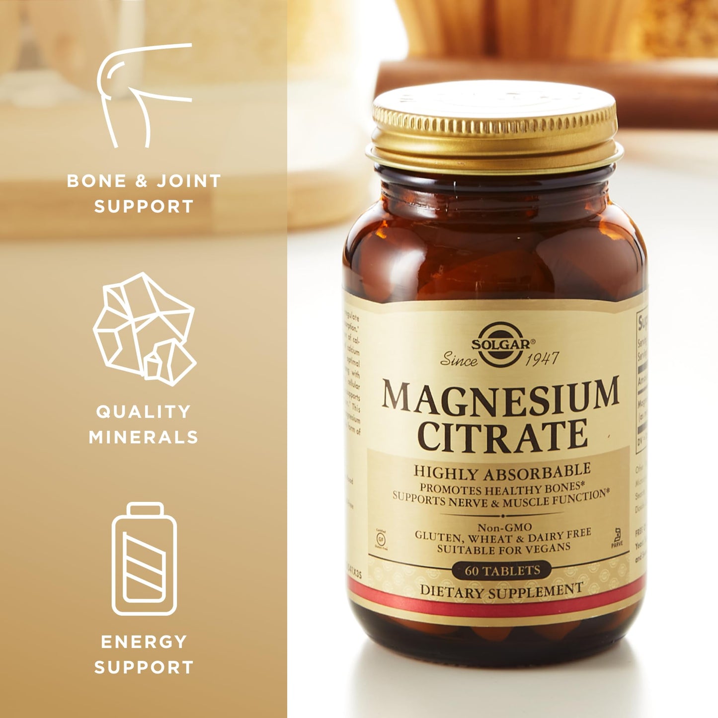 Solgar Magnesium Citrate 60 Tablets – Highly Absorbable, Supports Nerve, Muscle & Bone Health | Non-GMO, Vegan, Gluten Free, Kosher