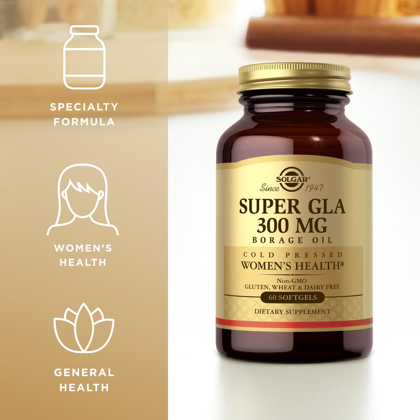 Solgar Super GLA 300 mg – 60 Softgels | Cold-Pressed Borage Oil for Women’s Health | Non-GMO, Gluten Free, Dairy Free