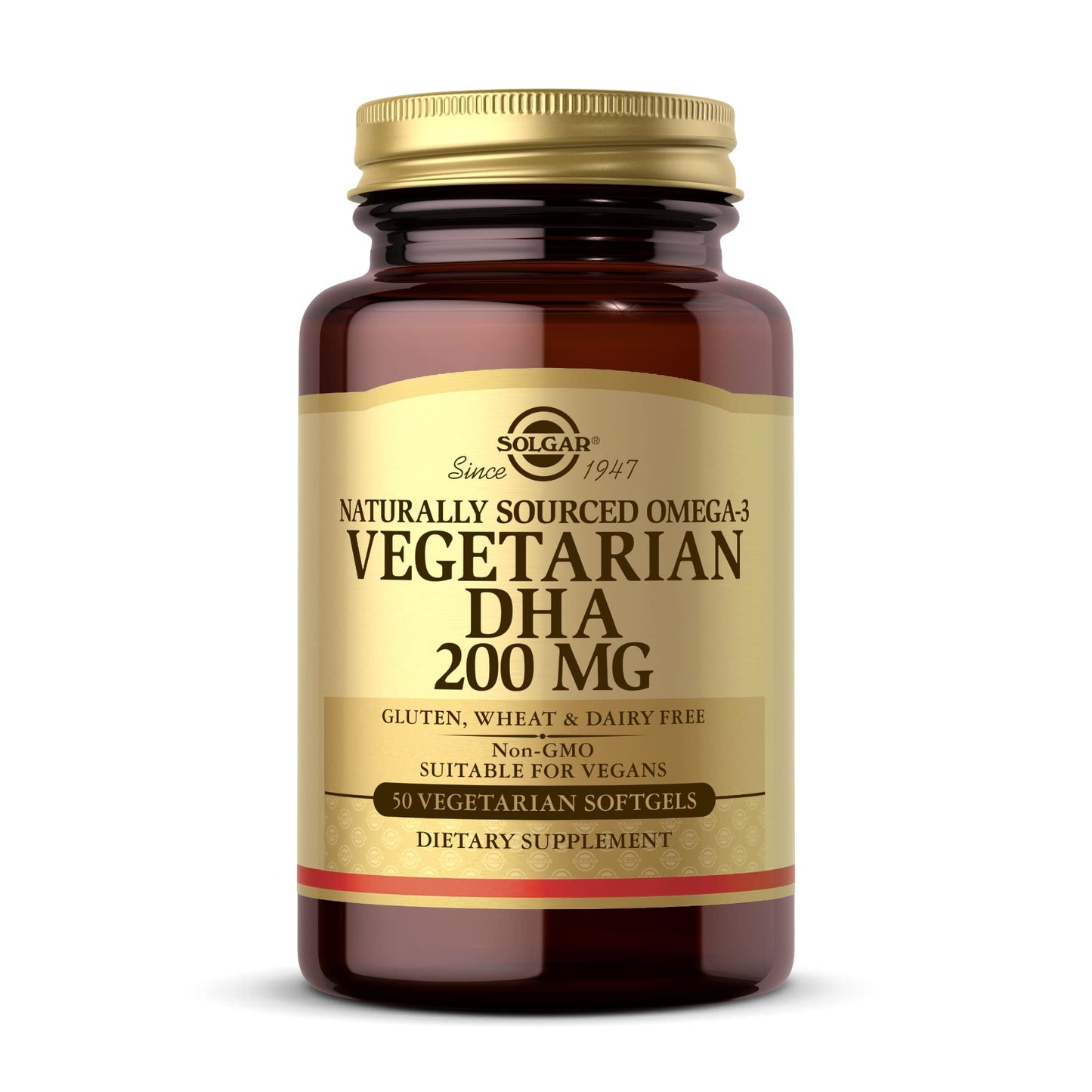 Solgar Vegetarian DHA 200 mg - 50 Vegetarian Softgels | Vegan Omega-3, Gluten Free, Dairy Free