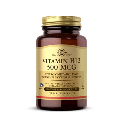 Solgar Vitamin B12 500 mcg – 100 Vegetarian Capsules | Energy Metabolism & Nervous System Support | Non-GMO, Vegan, Gluten & Dairy Free | 100 Servings