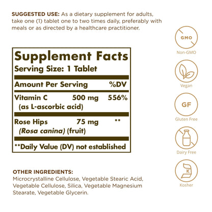 Solgar Vitamin C 500 mg with Rose Hips – 100 Tablets | Antioxidant & Immune Support