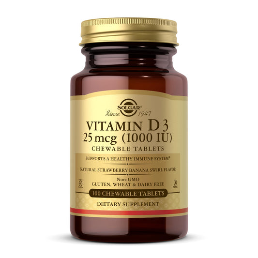 Solgar Vitamin D3 (Cholecalciferol) 25 mcg (1000 IU) - Strawberry Banana Swirl, 100 Chewable Tablets - Non-GMO, Kosher