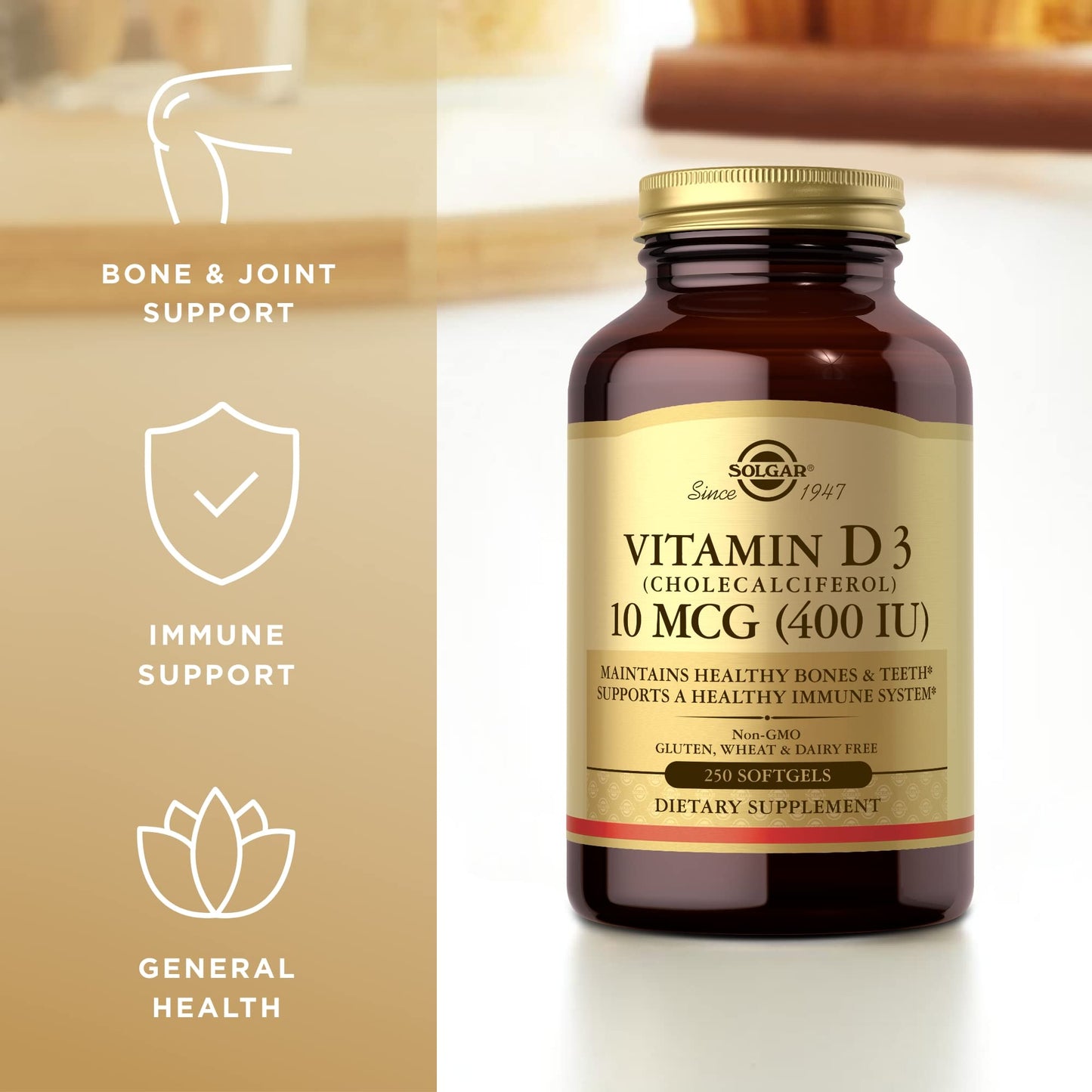 Solgar Vitamin D3 (Cholecalciferol) 10 mcg (400 IU) - 250 Softgels – Supports Healthy Bones, Teeth & Immune System