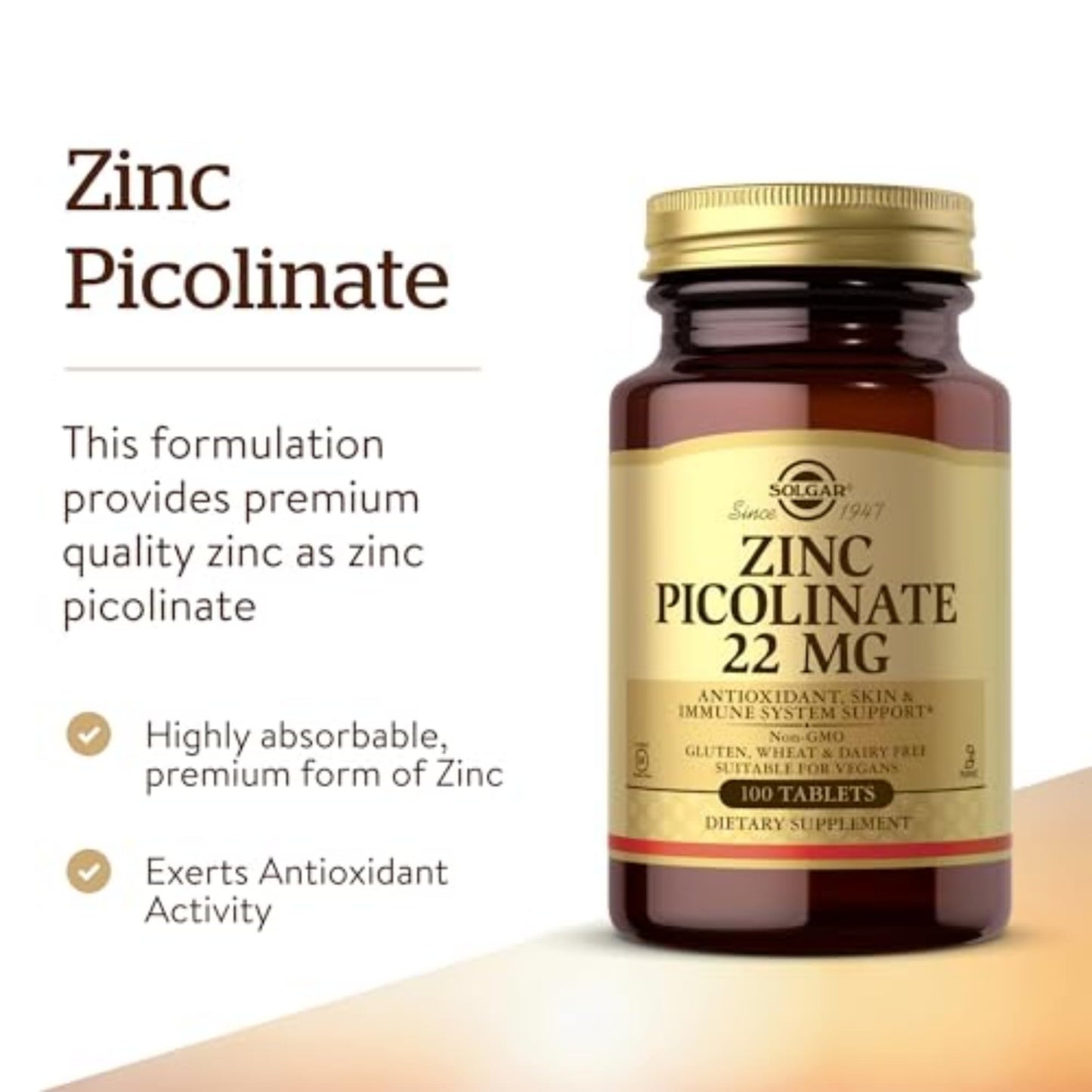 Solgar Zinc Picolinate 22 mg - 100 Tablets | Immune Support & Healthy Skin | Vegan