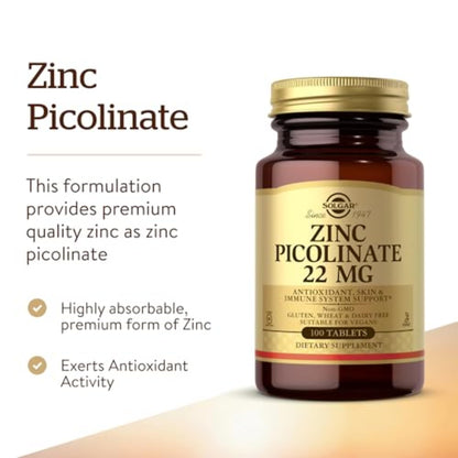Solgar Zinc Picolinate 22 mg - 100 Tablets | Immune Support & Healthy Skin | Vegan