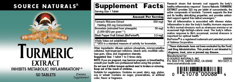 Source Naturals Turmeric Extract – Supports Healthy Inflammation – 50 Tablets
