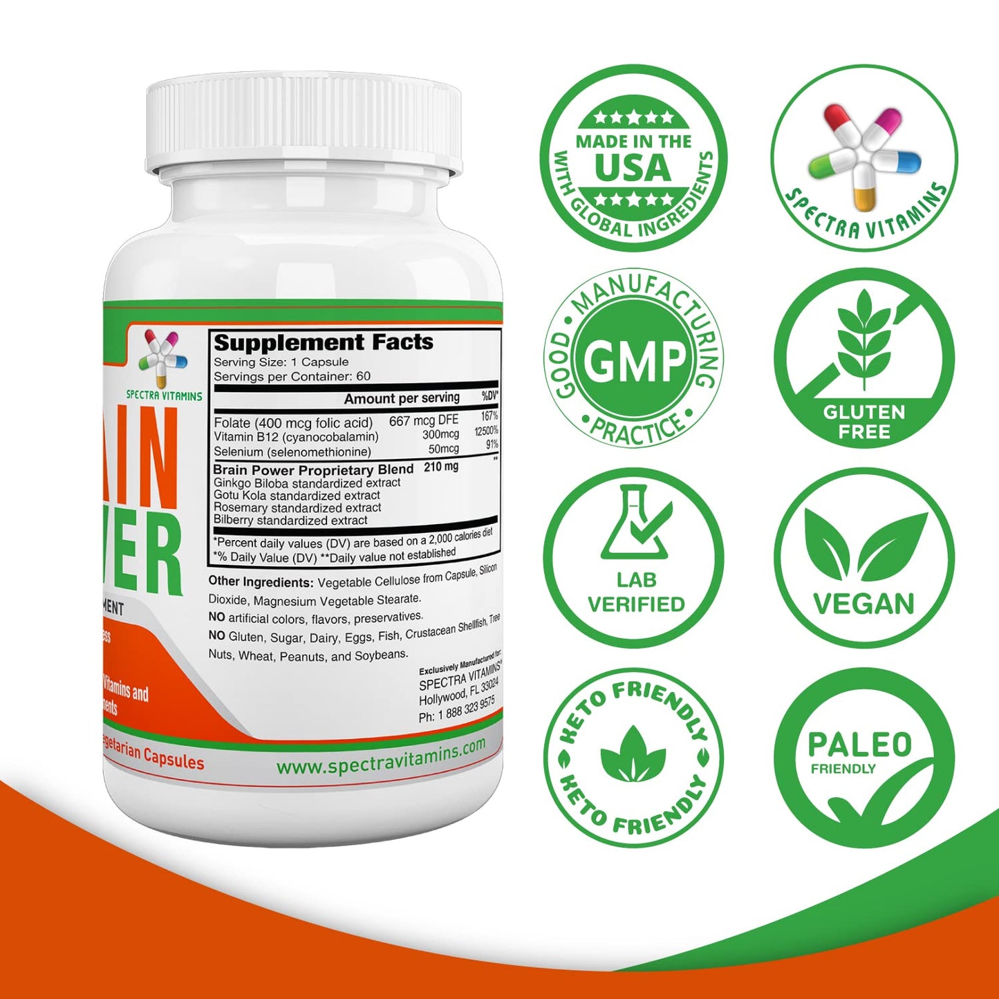 Spectra Vitamins Brain Power – Focus, Memory & Alertness Nootropics | Ginkgo Biloba & Gotu Kola | 60 Capsules
