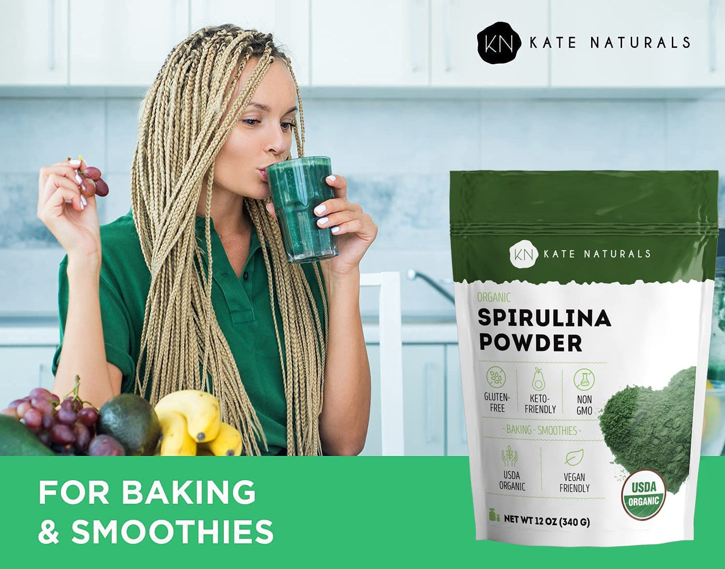 Kate Naturals Organic Spirulina Powder - 12 oz, USDA Organic & Non-GMO