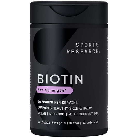 Sports Research Biotin 10,000mcg with Organic Coconut Oil – 30 Veggie Softgels | Vegan, Non-GMO