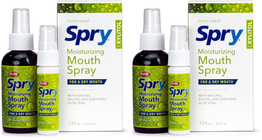 Spry Natural Xylitol Moisturizing Dry Mouth Spray – Stop Bad Breath, Increase Saliva, Non-GMO, Gluten-Free, Spearmint (Pack of 2)
