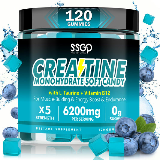 SSGP Creatine Monohydrate Gummies – Blueberry, 120ct with L-Taurine & B12 (Vegan, Sugar-Free)