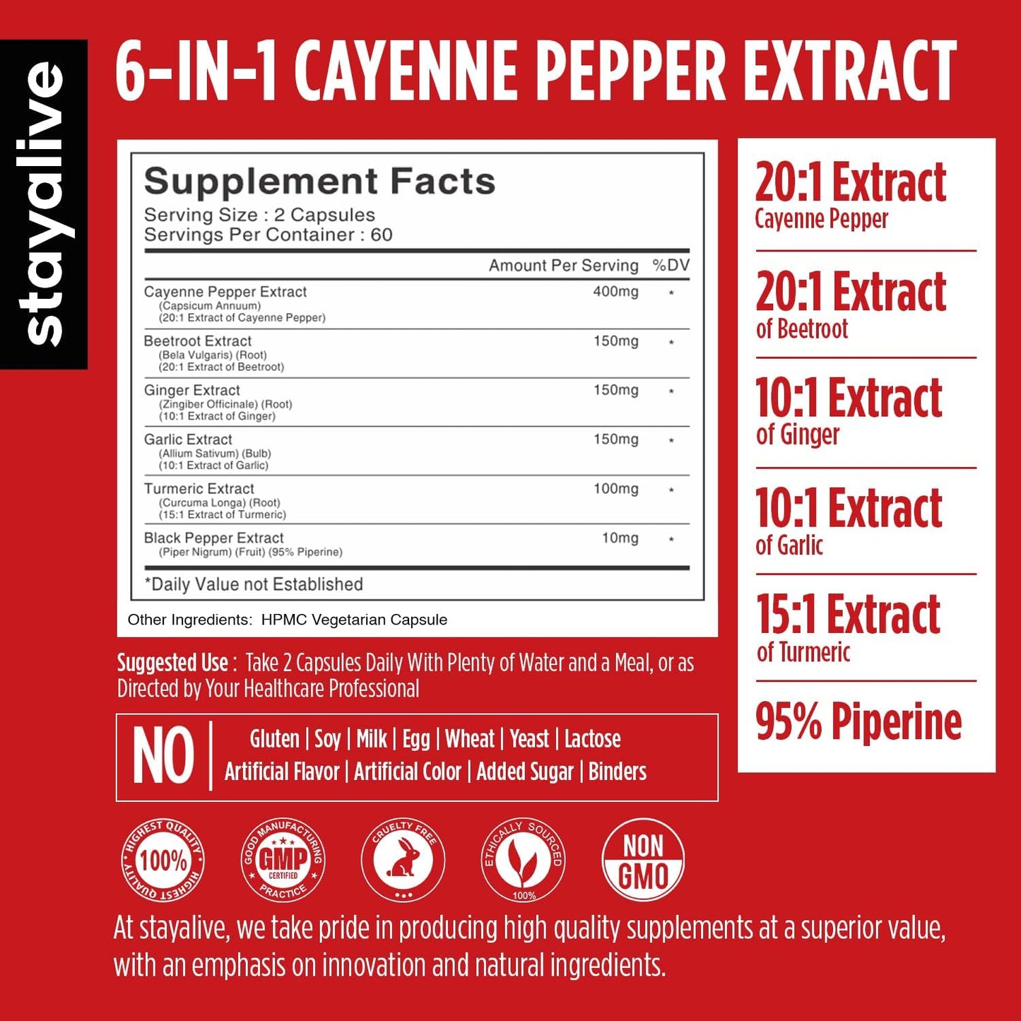 STAY ALIVE Cayenne Pepper Capsules 960mg – Immune & Cardiovascular Support (120 Caps)