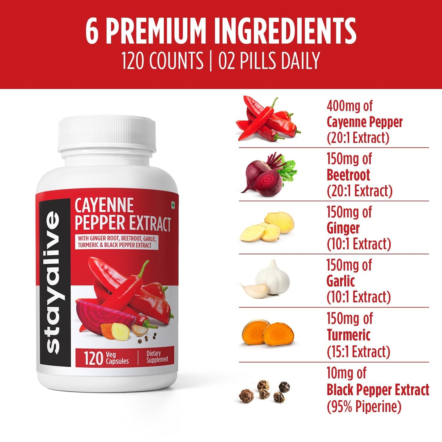 STAY ALIVE Cayenne Pepper Capsules 960mg – Immune & Cardiovascular Support (120 Caps)