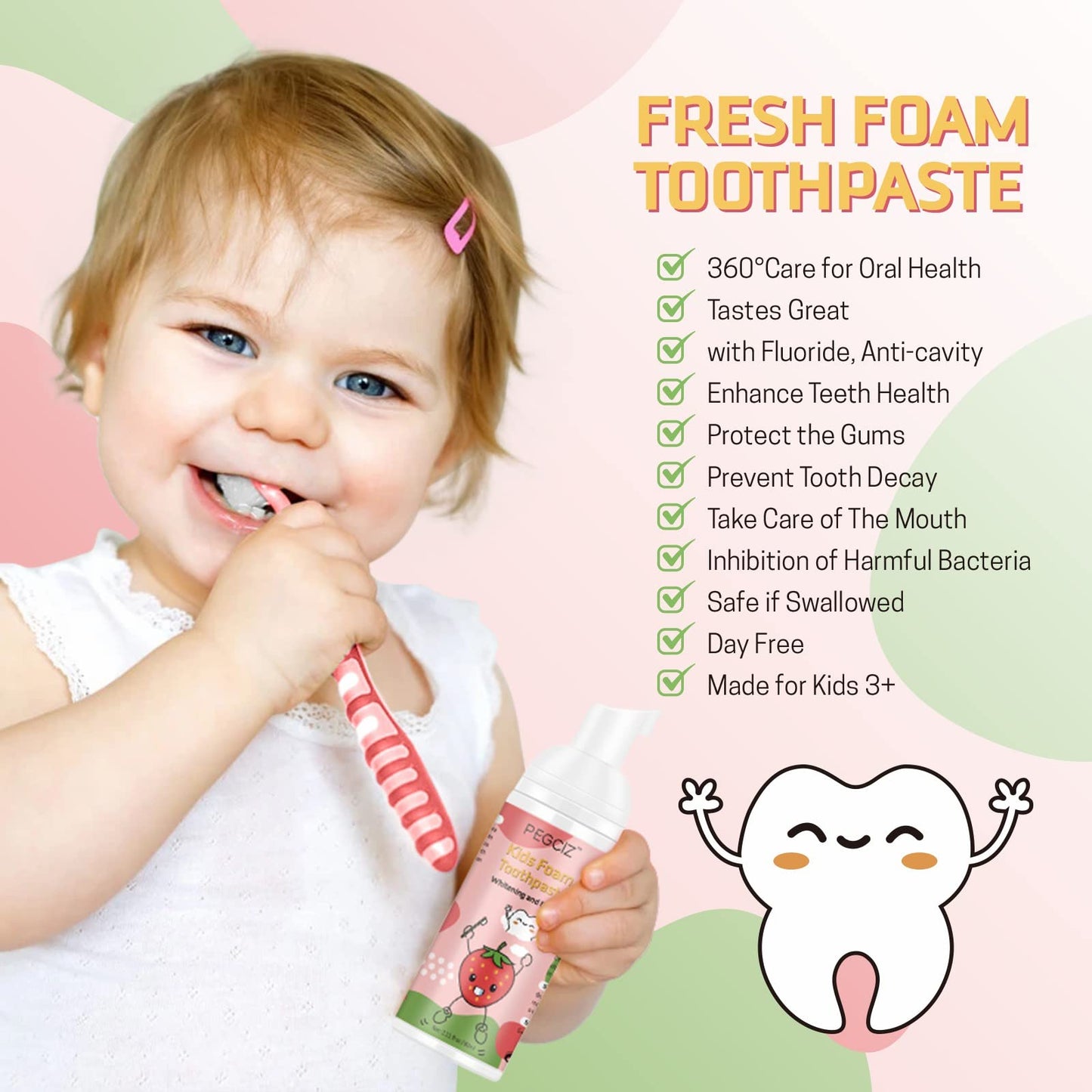 Foam Toothpaste Kids 2 Pack – Low Fluoride Toddler Toothpaste for U-Shaped Toothbrushes, Strawberry Flavor